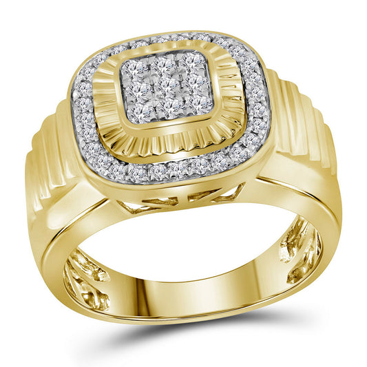 10K Yellow Gold Mens Round Diamond Square Frame Cluster Ribbed Ring 3/4 Cttw, Mens Size: 7-13