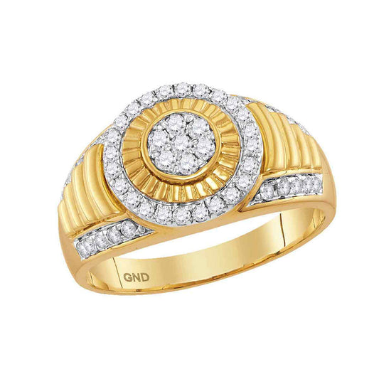 10K Yellow Gold Mens Round Diamond Cluster Concentric Circle Ribbed Ring 3/4 Cttw, Mens Size: 7-13