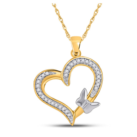 10K Yellow Gold Womens Round Diamond Butterfly Heart Pendant 1/10 Cttw