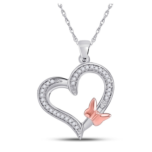 10K White Gold Womens Round Diamond Heart Rose-tone Butterfly Bug Pendant 1/10 Cttw