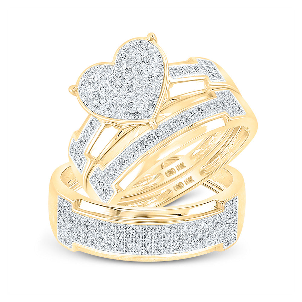 10K Yellow Or White Gold  His Hers Round Diamond Heart Matching Wedding Set 1/2 Cttw, Womens Size: 5-10, Mens Size: 7-13
