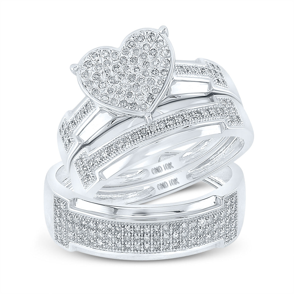 10K Yellow Or White Gold  His Hers Round Diamond Heart Matching Wedding Set 1/2 Cttw, Womens Size: 5-10, Mens Size: 7-13