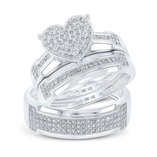 10K Yellow Or White Gold  His Hers Round Diamond Heart Matching Wedding Set 1/2 Cttw, Womens Size: 5-10, Mens Size: 7-13