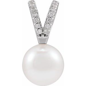 14K White Gold Pearl 8Mm G-H I1 Cultured White Akoya Pearl And .05 Ctw Natural Diamond Pendant