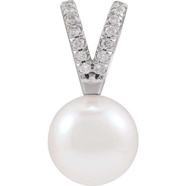 14K White Gold 7Mm I1, G-H Polished Cultured White Akoya Pearl And .05 Ctw Natural Diamond Pendant