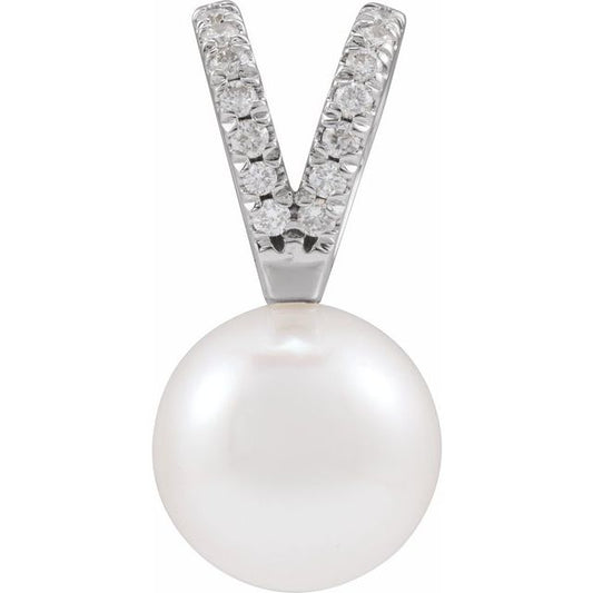 14K White Gold 7Mm I1, G-H Polished Cultured White Akoya Pearl And .05 Ctw Natural Diamond Pendant