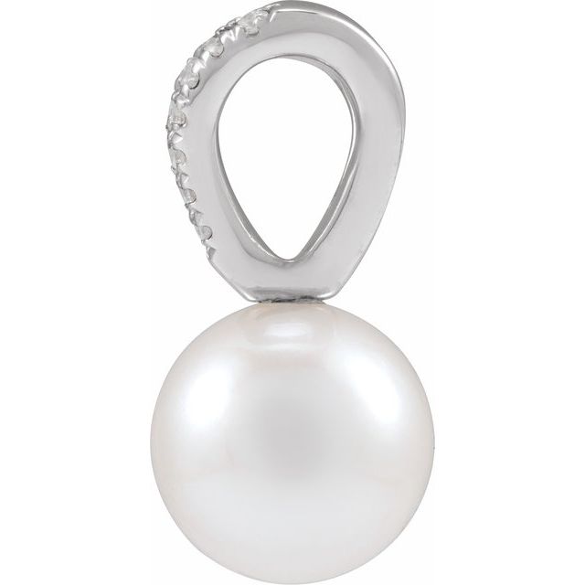 14K White Gold 7Mm I1, G-H Polished Cultured White Akoya Pearl And .05 Ctw Natural Diamond Pendant