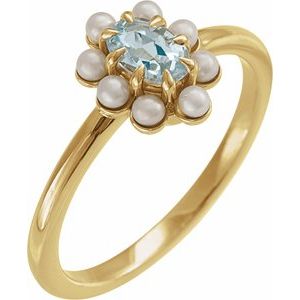 14K Yellow Gold Natural Sky Blue Topaz & Cultured White Seed Pearl Halo-Style Ring Size 7