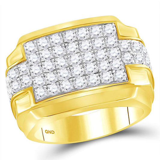 10K Yellow Gold Mens Round Diamond Rectangle Cluster Ring 3 Cttw, Mens Size: 7-13