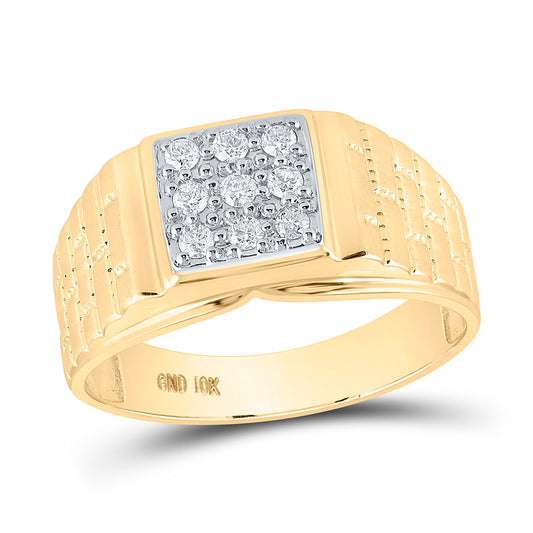 10K Yellow Gold Mens Round Diamond Brick Square Ring 1/4 Cttw, Mens Size: 7-13