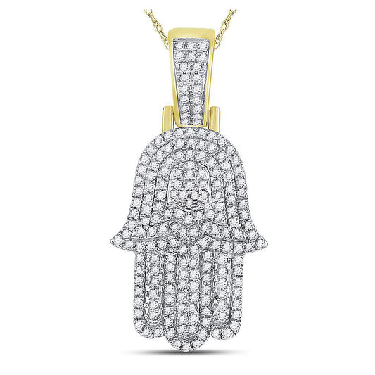 10K Yellow Gold Mens Round Diamond Hamsa Hand Charm Pendant 1/2 Cttw, Length: 1.2 In, Width: 0.57 In