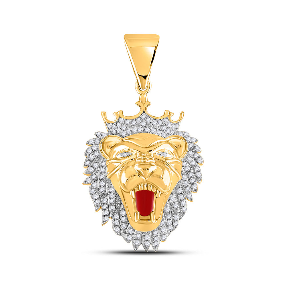 10K Yellow Gold Mens Round Diamond King Lion Crown Charm Pendant 1 Cttw