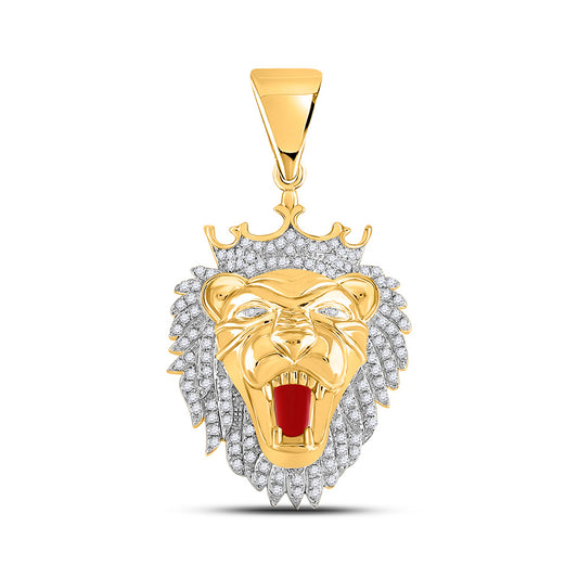 10K Yellow Gold Mens Round Diamond King Lion Crown Charm Pendant 1 Cttw
