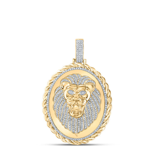 10K Yellow Gold Mens Round Diamond Oval Lion Face Rope Charm Pendant 1 Cttw