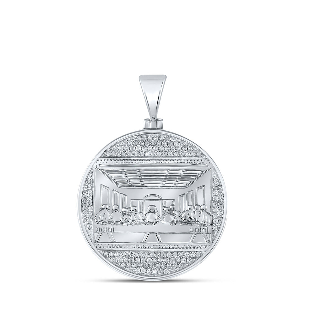 10K White Gold Mens Round Diamond Last Supper Circle Charm Pendant 1/2 Cttw, Length: 1.59 In, Width: 1.15 In