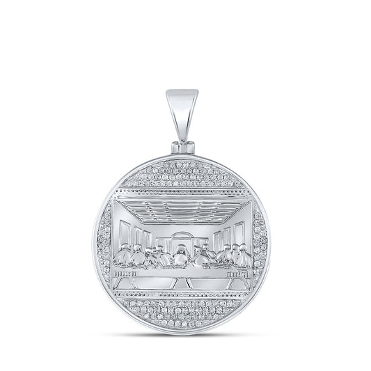 10K White Gold Mens Round Diamond Last Supper Circle Charm Pendant 1/2 Cttw, Length: 1.59 In, Width: 1.15 In