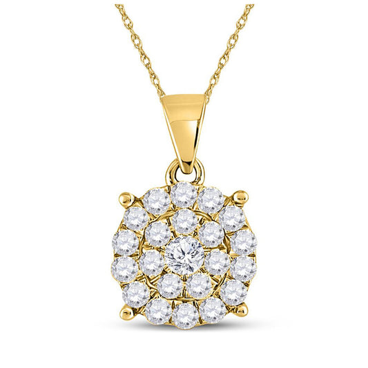 10K Yellow Gold Womens Round Diamond Cluster Pendant 1 Cttw, Length: 0.78 In, Width: 0.44 In