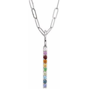 14K White Gold Round 1.7Mm  Natural Multi-Gemstone Rainbow Bar Necklace, Length: 18 In