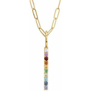 14K Yellow Gold Round 1.7Mm  Natural Multi-Gemstone Rainbow Bar Necklace, Length: 18 In