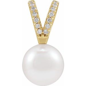 14K Yellow Gold Pearl 8Mm G-H I1 Cultured White Akoya Pearl And .05 Ctw Natural Diamond Pendant
