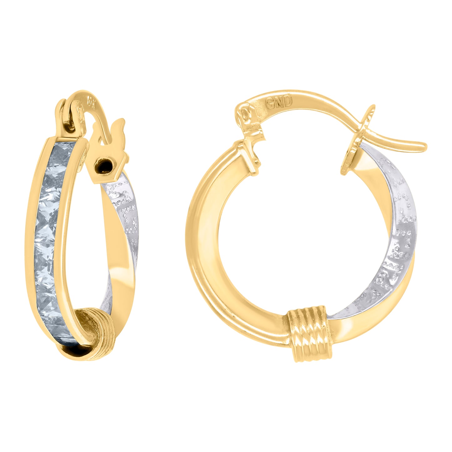 10K Two-Tone Gold Womens Baguette Cubic-Zirconia Textured Twisted Hoops Huggies Earrings