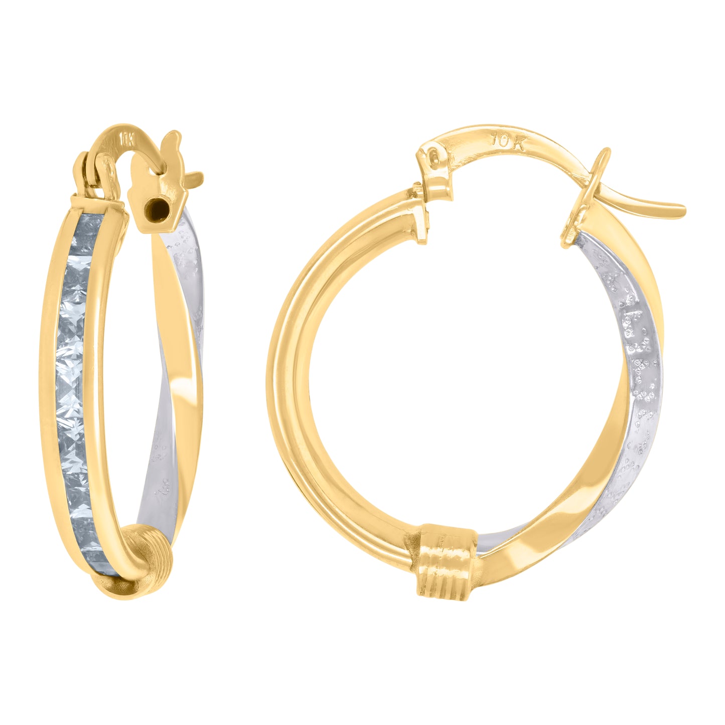 10K Two-Tone Gold Womens Baguette Cubic-Zirconia Textured Twisted Hoops Huggies Earrings
