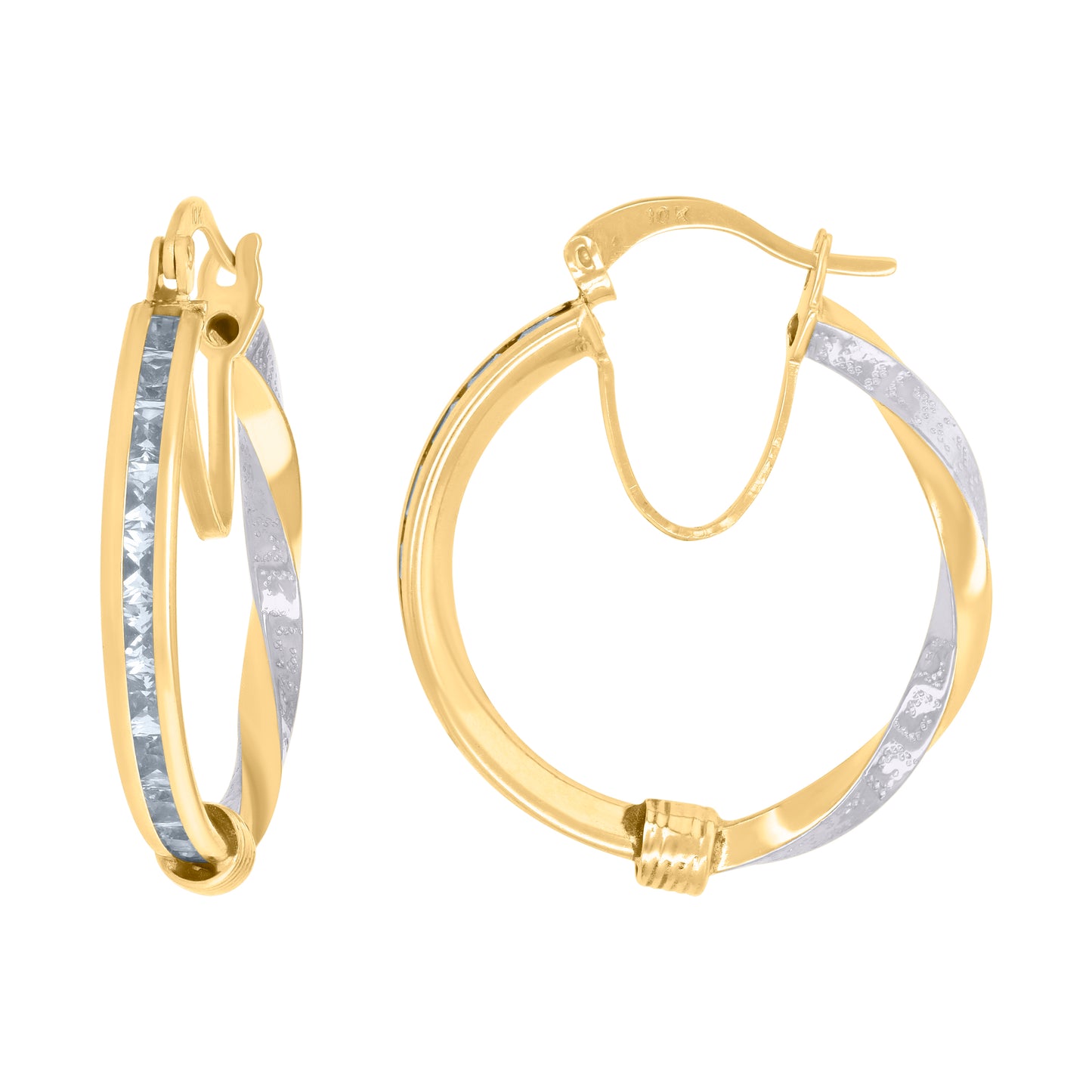 10K Two-Tone Gold Womens Baguette Cubic-Zirconia Textured Twisted Hoops Huggies Earrings