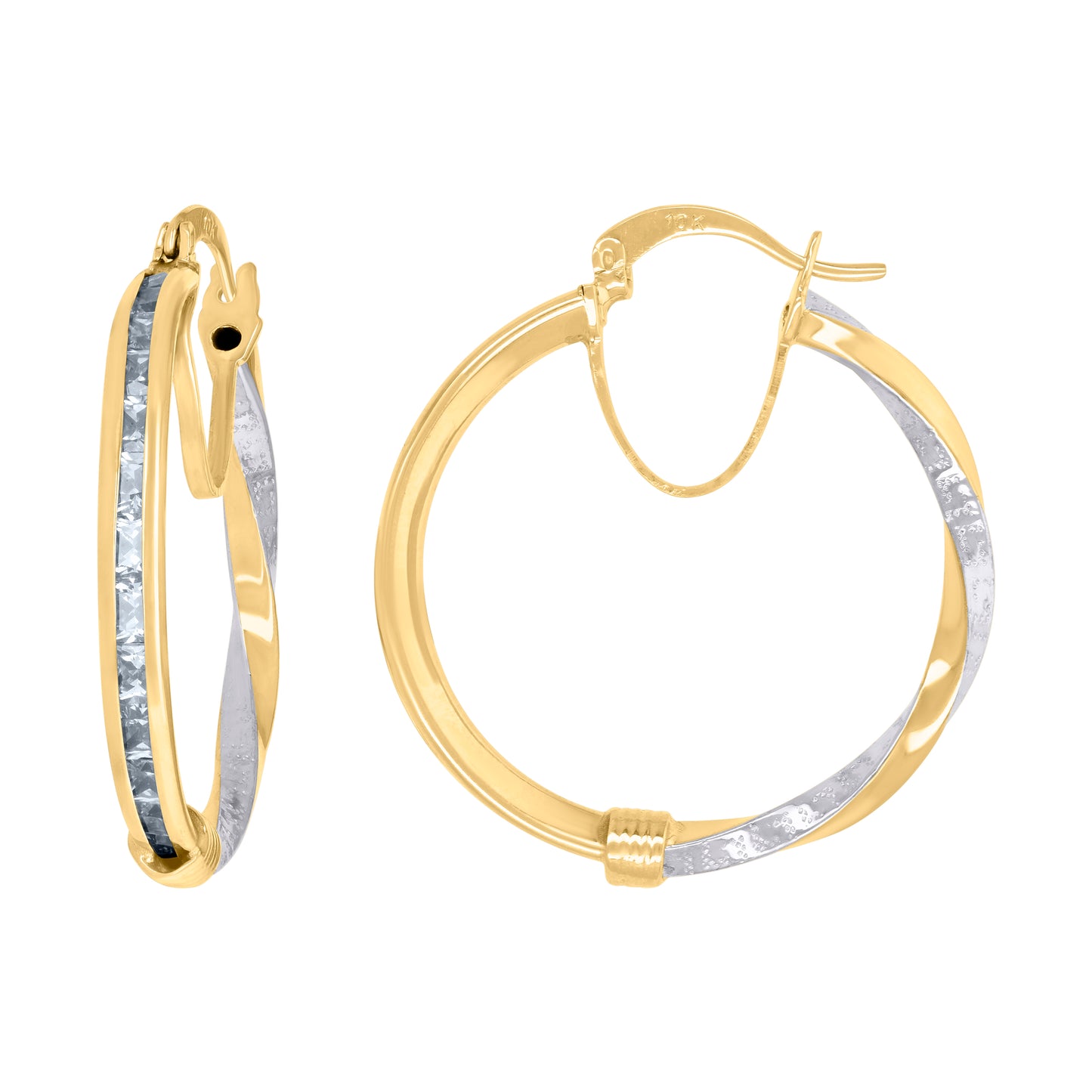 10K Two-Tone Gold Womens Baguette Cubic-Zirconia Textured Twisted Hoops Huggies Earrings