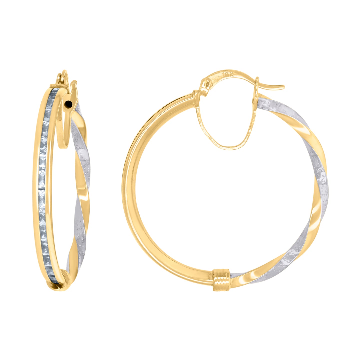 10K Two-Tone Gold Womens Baguette Cubic-Zirconia Textured Twisted Hoops Huggies Earrings