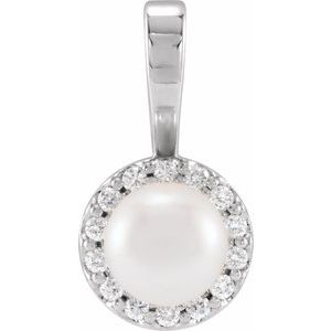 14K White Gold Pearl 7.5Mm G-H I1 Cultured Akoya Pearl And 1/8 Ctw Natural Diamond Halo-Style Pendant