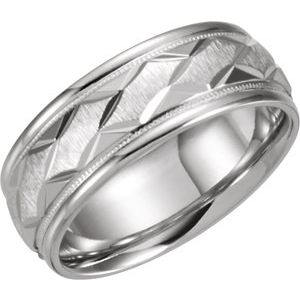 18K Yellow Or White Gold 7 mm Milgrain Edge Geometric Faceted Comfort-Fit Half Round Band