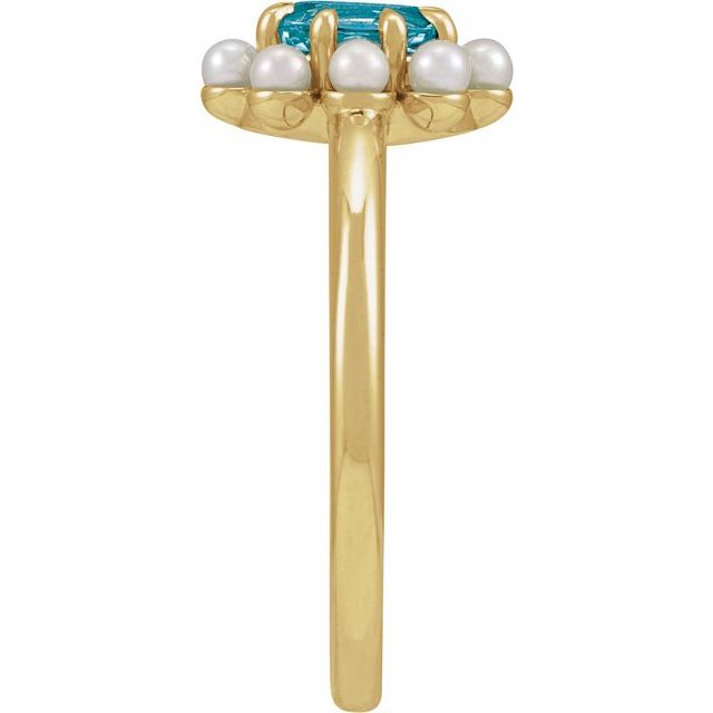 14K Yellow Gold Oval 6 X 4 Mm Cultured White Seed Pearl Polished Natural London Blue Topaz And Cultured White Seed Pearl Halo-Style Ring, Size 7