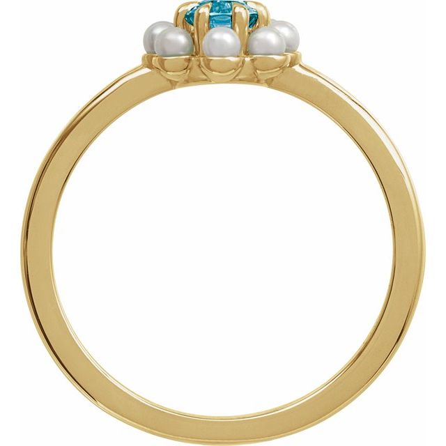 14K Yellow Gold Oval 6 X 4 Mm Cultured White Seed Pearl Polished Natural London Blue Topaz And Cultured White Seed Pearl Halo-Style Ring, Size 7