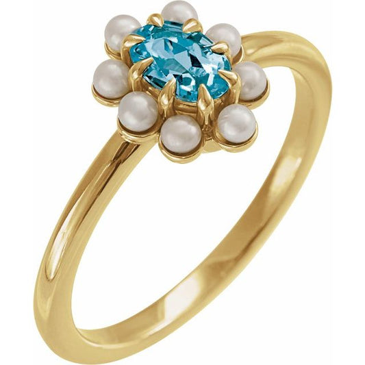 14K Yellow Gold Oval 6 X 4 Mm Cultured White Seed Pearl Polished Natural London Blue Topaz And Cultured White Seed Pearl Halo-Style Ring, Size 7