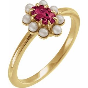 14K Yellow Gold Natural Rhodolite Garnet & Cultured White Seed Pearl Halo-Style Ring Size 7