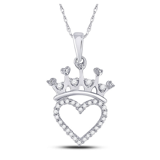 Sterling Silver Womens Round Diamond Crown Heart Pendant 1/10 Cttw, Length: 0.81 In, Width: 0.5 In