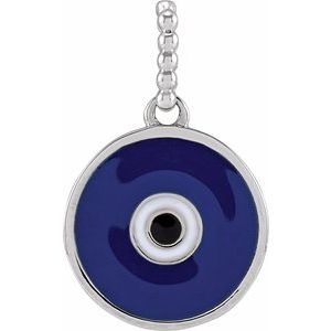 14K White Gold 16.5 X 12.3 Mm Polished Blue Enameled Evil Eye Pendant