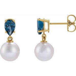 14K Yellow Gold Cultured White Akoya Pearl & Natural London Blue Topaz Pear Shape Earrings