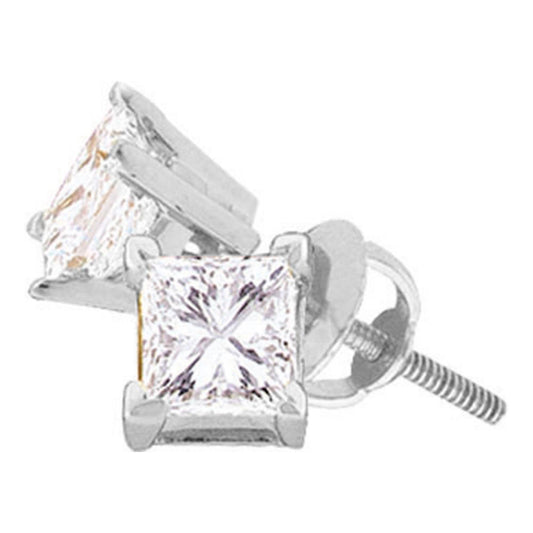 14K White Gold Unisex Princess Diamond Solitaire Stud Earrings 1/2 Cttw