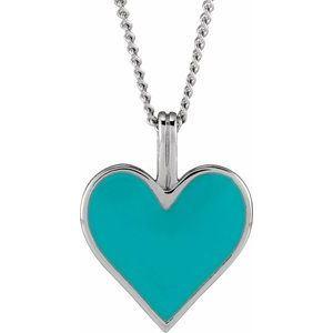 14K White Gold 15.28 X 12.08 Mm 18 In Polished Light Turquoise Enamel Heart Pendant Necklace