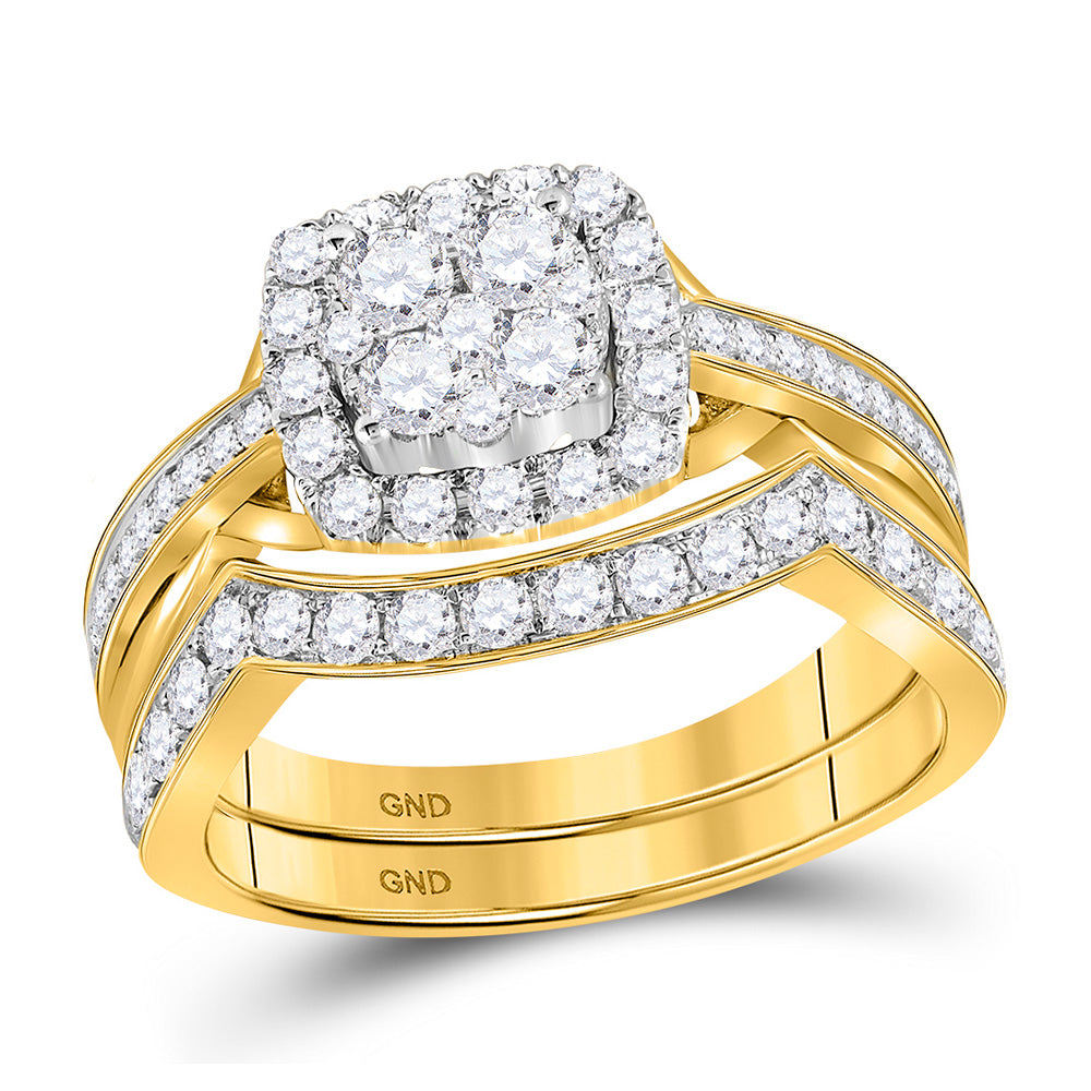 14K Yellow Gold Round Diamond Cluster Bridal Wedding Ring Band Set 1 Cttw, Womens Size: 5-10
