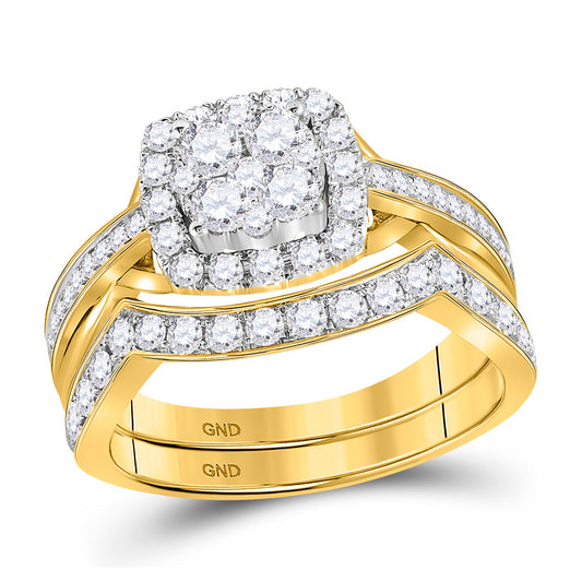 14K Yellow Gold Round Diamond Cluster Bridal Wedding Ring Band Set 1 Cttw, Womens Size: 5-10