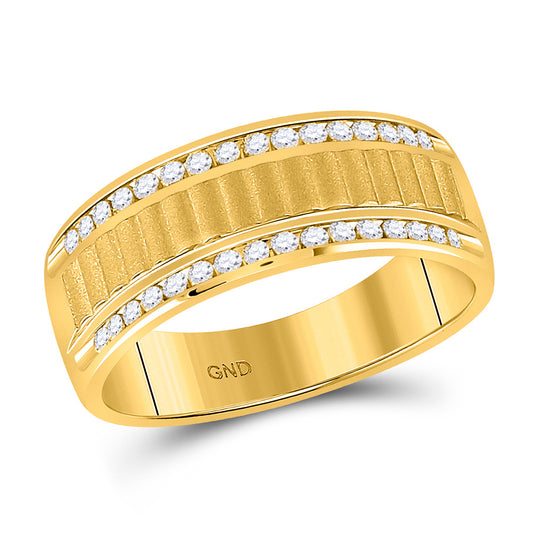 14K Yellow Gold Mens Round Diamond Double Row Matte Textured Wedding Band Ring 1/3 Cttw, Mens Size: 7-13