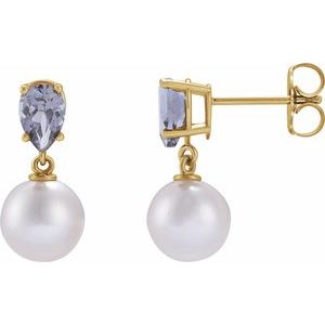 14K Yellow Gold Cultured White Akoya Pearl & Natural Tanzanite Pear Shape Earrings