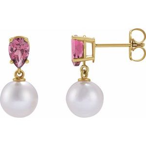 14K Yellow Gold Cultured White Akoya Pearl & Natural Pink Tourmaline Pear Shape Earrings