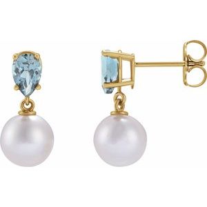 14K Yellow Gold Cultured White Akoya Pearl & Natural Aquamarine Pear Shape Earrings