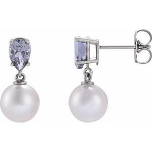 14K White Gold Cultured White Akoya Pearl & Natural Tanzanite Pear Shape Earrings