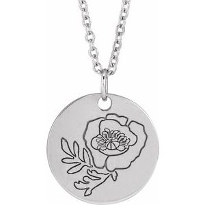 14K Yellow Or White Gold Or Sterling Silver Birth Flower Polished Necklace