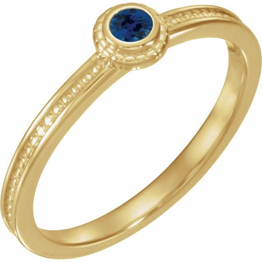 14K Yellow Gold Round 3 Mm Polished Lab-Grown Blue Sapphire Stackable Family Ring, Size 7