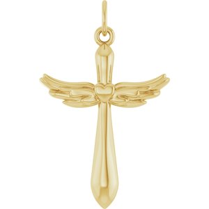 14K Yellow Gold 19.9 X 12.5 Mm Polished Heart Angel Wing Cross Pendant
